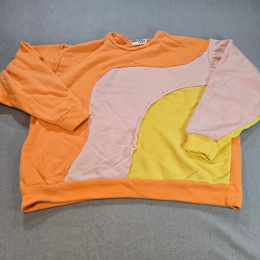 Bucket List Sweatshirt Womens L Orange Pink Yellow Colorblock Patchwork Raw Seam